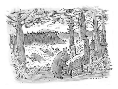bill-woodman-two-bears-play-a-salmon-run-themed-pinball-machine-outdoors-in-the-woods-new-yorker-cartoon